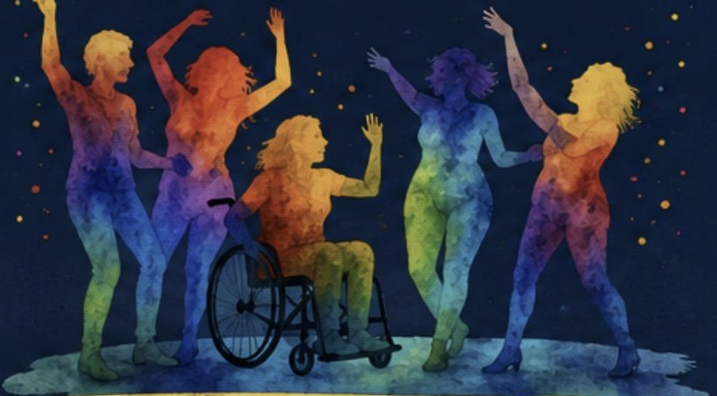 Bunte Illustration von tanzenden Menschen, eine davon im Rollstuhl, vor dunklem Nachthimmel