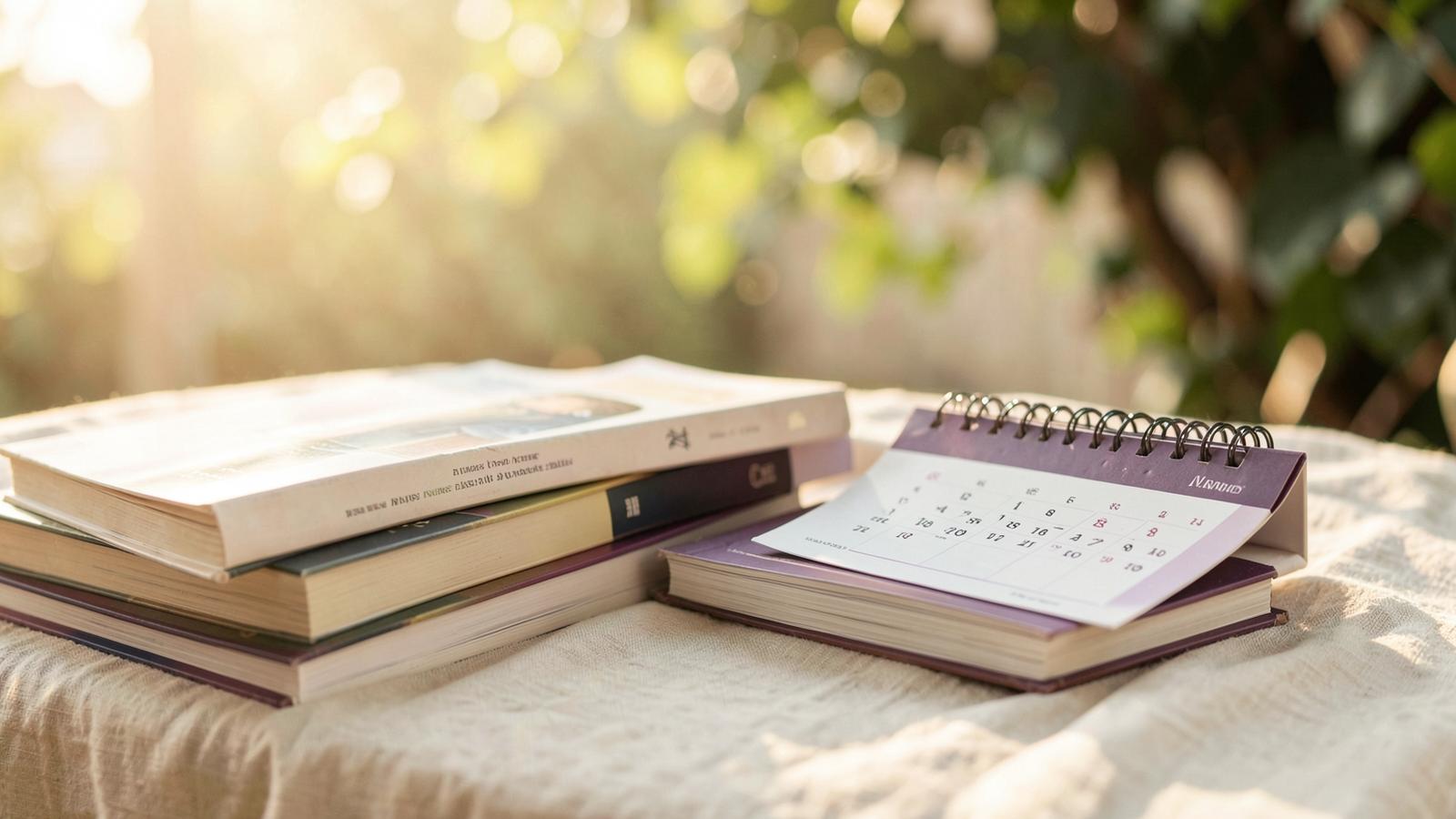 Bücherstapel und Kalender auf Leinen im warmen Morgenlicht