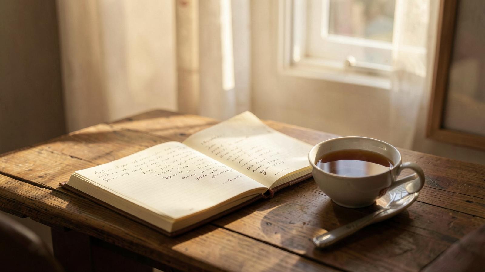 Aufgeschlagenes Notizbuch und Tasse Tee am Fenster im warmen Licht